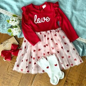 Lila and Jack Red Tulle Heart Dress with White Socks and red headband